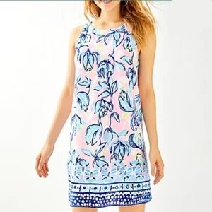 Lilly Pulitzer Jackie Silk Shift Dress Blue, Pink, & White Flamingo Floral Small